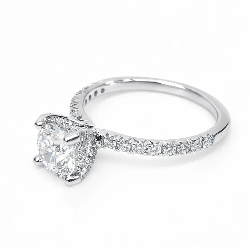 9ct White Gold 1.49ct Lab Grown Diamond Engagement Ring, 4 Claw Round Centre with Diamond Set Bridge & Band - AURG2243