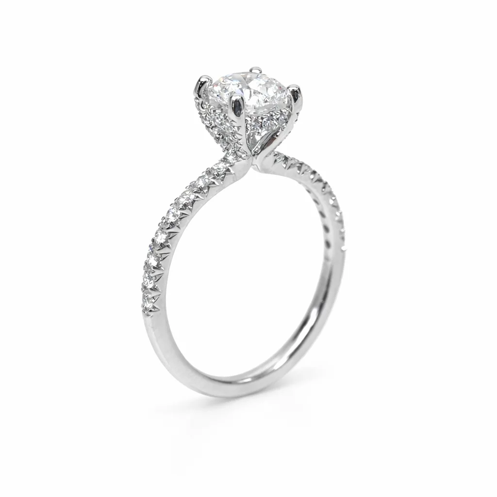 9ct White Gold 1.49ct Lab Grown Diamond Engagement Ring, 4 Claw Round Centre with Diamond Set Bridge & Band - AURG2243
