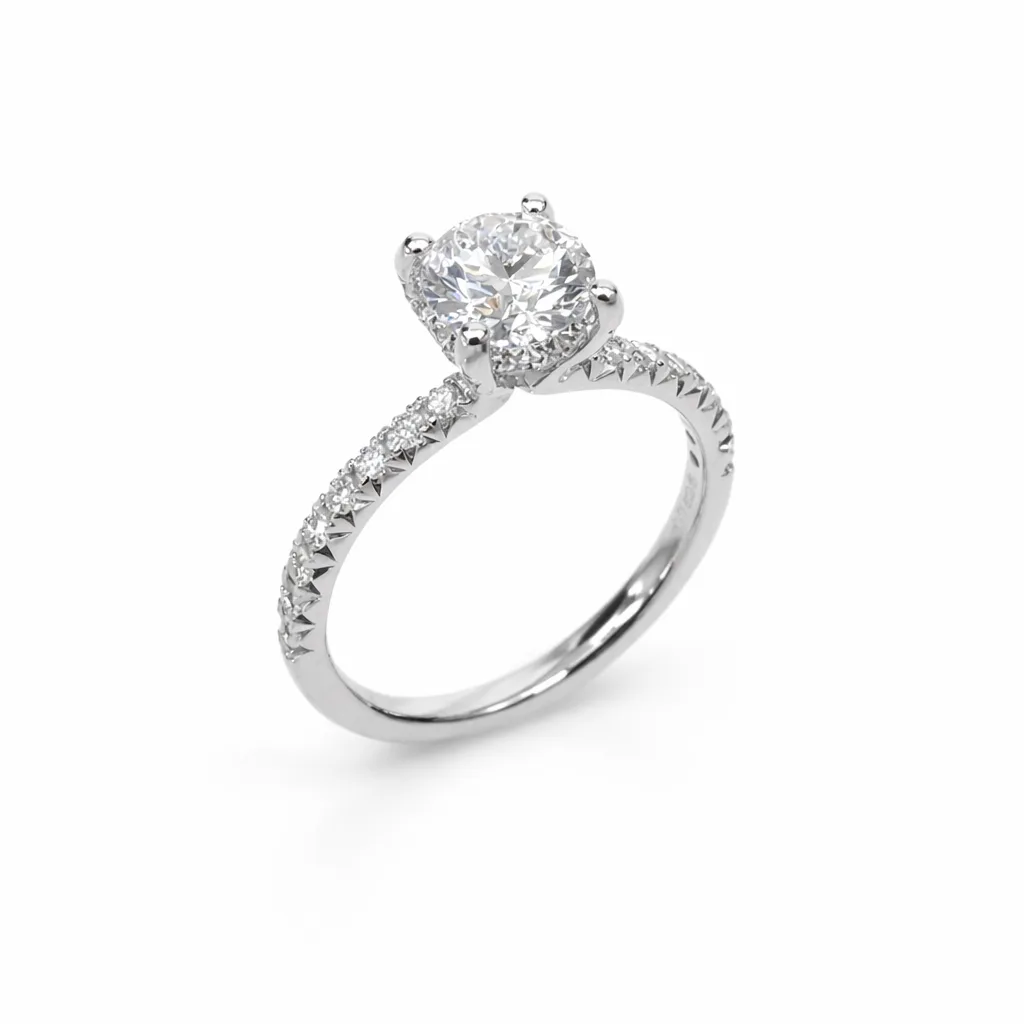 9ct White Gold 1.49ct Lab Grown Diamond Engagement Ring, 4 Claw Round Centre with Diamond Set Bridge & Band - AURG2243