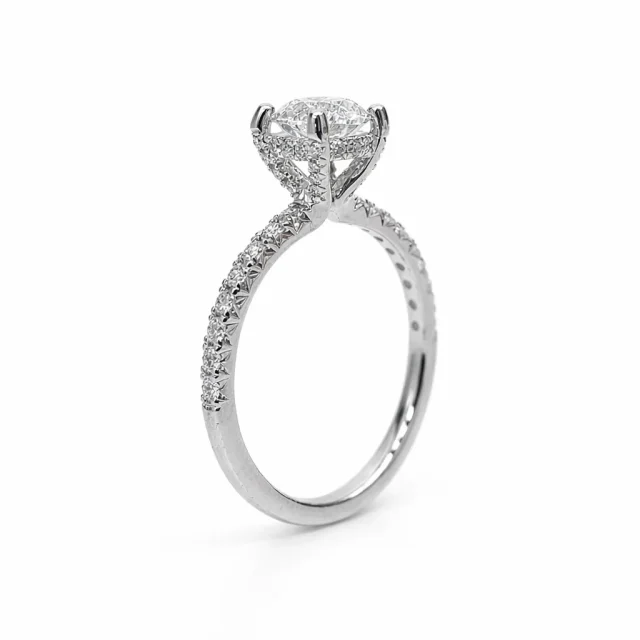 9ct White Gold 1.49ct Lab Grown Diamond Engagement Ring, 4 Claw Round Centre with Diamond Set Bridge & Band - AURG2243