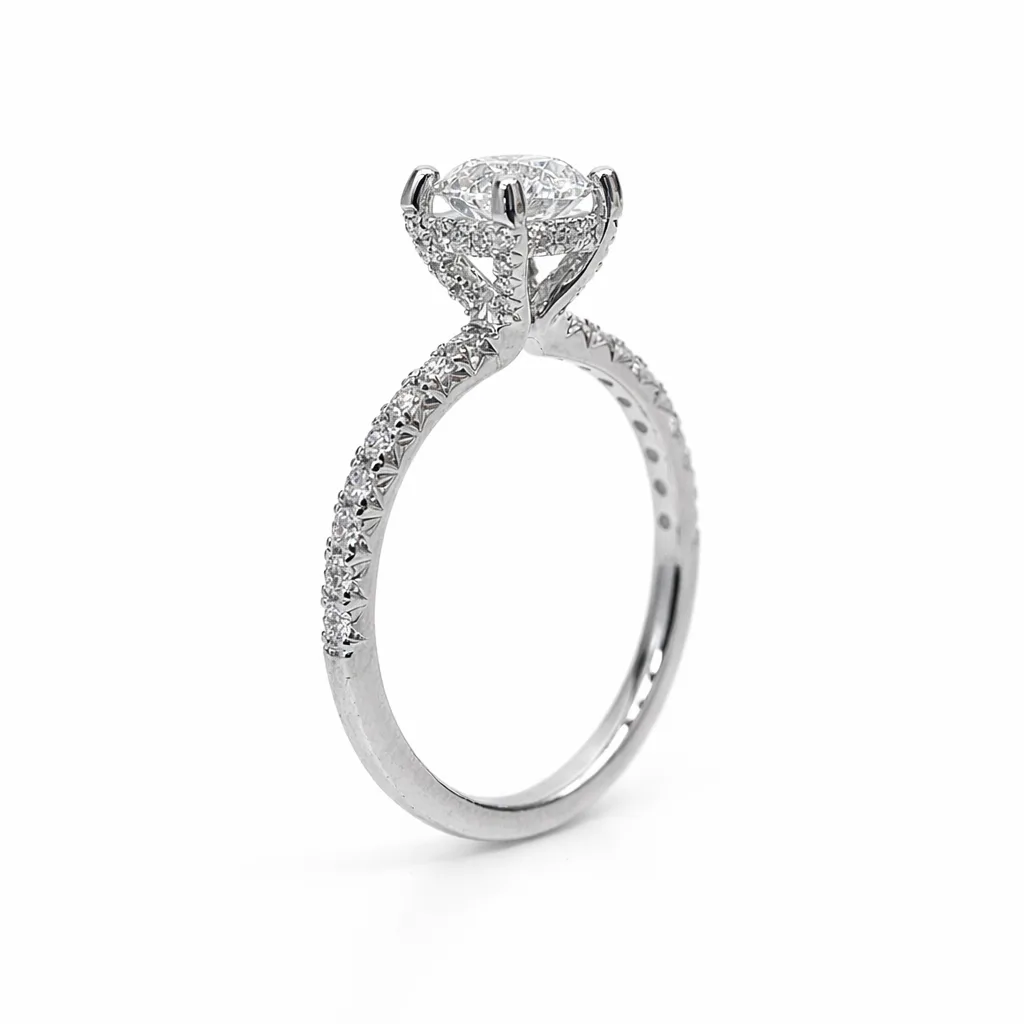9ct White Gold 1.49ct Lab Grown Diamond Engagement Ring, 4 Claw Round Centre with Diamond Set Bridge & Band - AURG2243