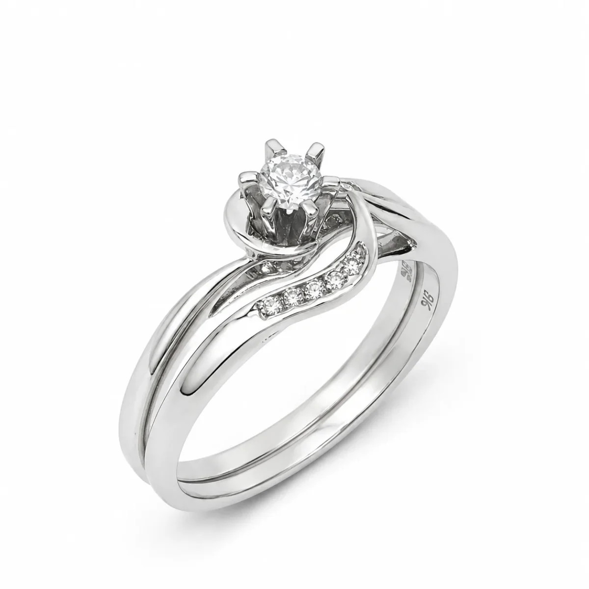 9ct White Gold Cubic Zirconia Bridal Ring Set – 3.50mm Round Centre Stone – Twisted Wave Design - 9CTDLOWG