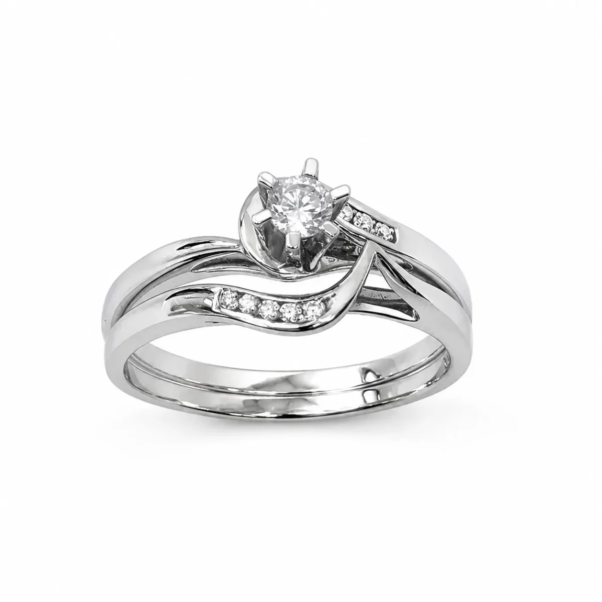 9ct White Gold Cubic Zirconia Bridal Ring Set – 3.50mm Round Centre Stone – Twisted Wave Design - 9CTDLOWG
