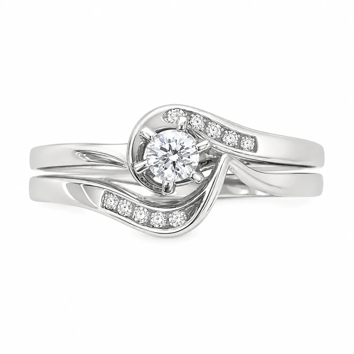 9ct White Gold Cubic Zirconia Bridal Ring Set – 3.50mm Round Centre Stone – Twisted Wave Design - 9CTDLOWG