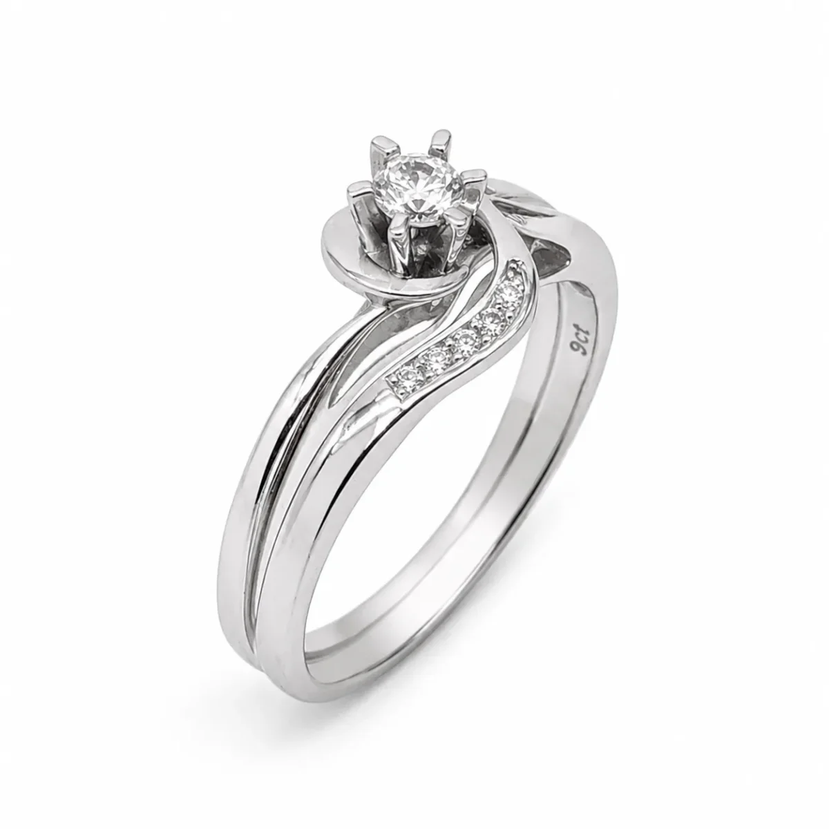 9ct White Gold Cubic Zirconia Bridal Ring Set – 3.50mm Round Centre Stone – Twisted Wave Design - 9CTDLOWG