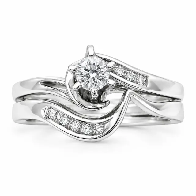 9ct White Gold Cubic Zirconia Bridal Ring Set – 3.50mm Round Centre Stone – Twisted Wave Design - 9CTDLOWG