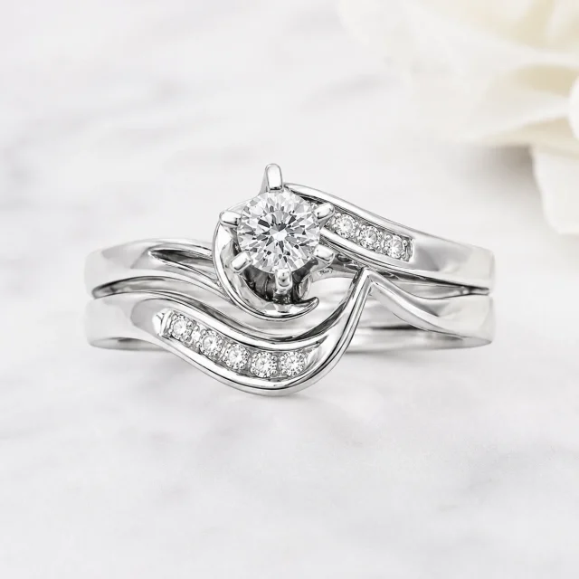 9ct White Gold Cubic Zirconia Bridal Ring Set – 3.50mm Round Centre Stone – Twisted Wave Design - 9CTDLOWG