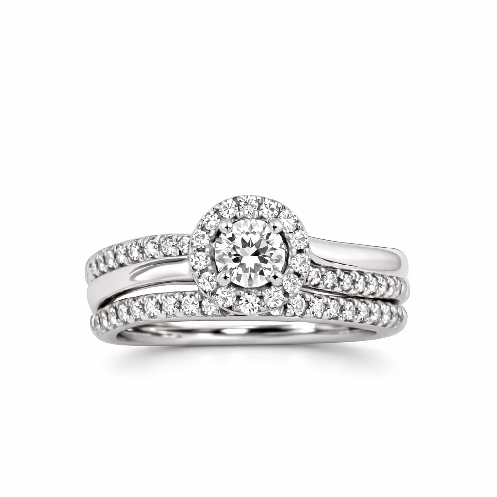 9ct White Gold Diamond Halo Bridal Set 0.38ct – 2PC Engagement Ring & Curved Wedding Band - 9WIR1292