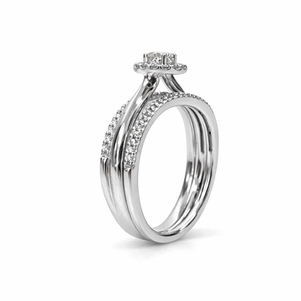 9ct White Gold Diamond Halo Bridal Set 0.38ct – 2PC Engagement Ring & Curved Wedding Band - 9WIR1292