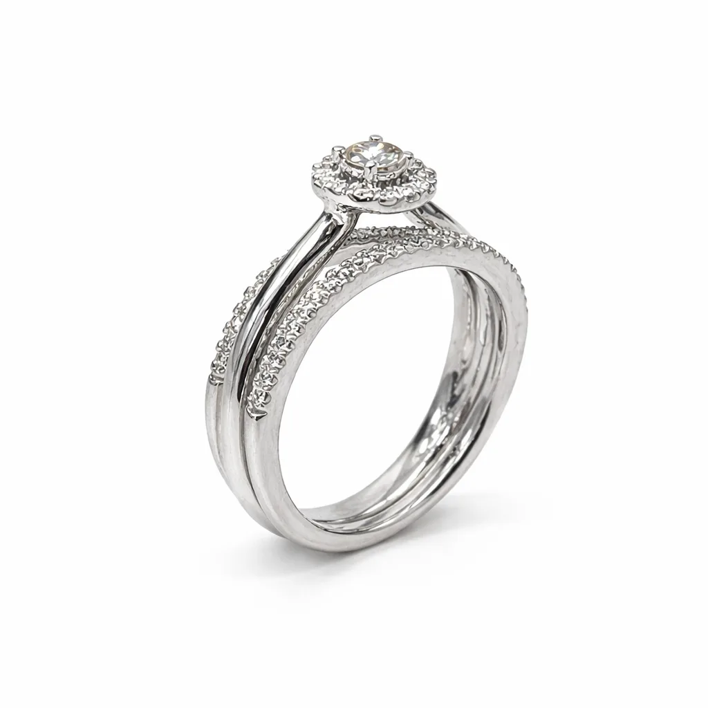 9ct White Gold Diamond Halo Bridal Set 0.38ct – 2PC Engagement Ring & Curved Wedding Band - 9WIR1292
