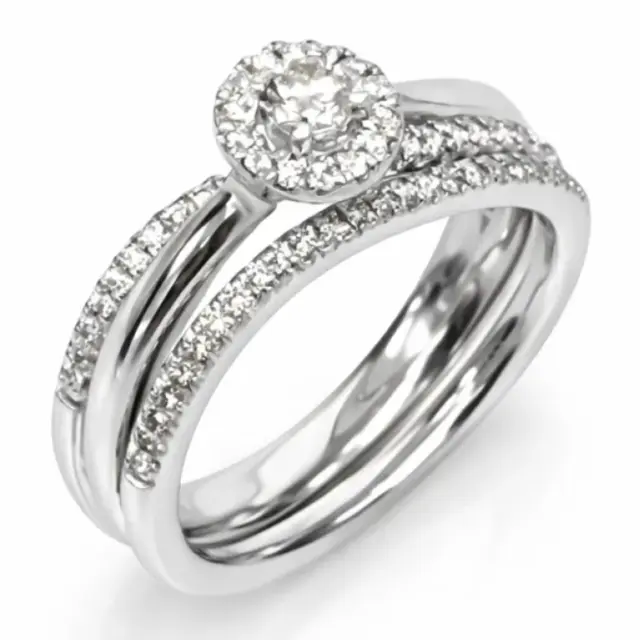 9ct White Gold Diamond Halo Bridal Set 0.38ct – 2PC Engagement Ring & Curved Wedding Band - 9WIR1292
