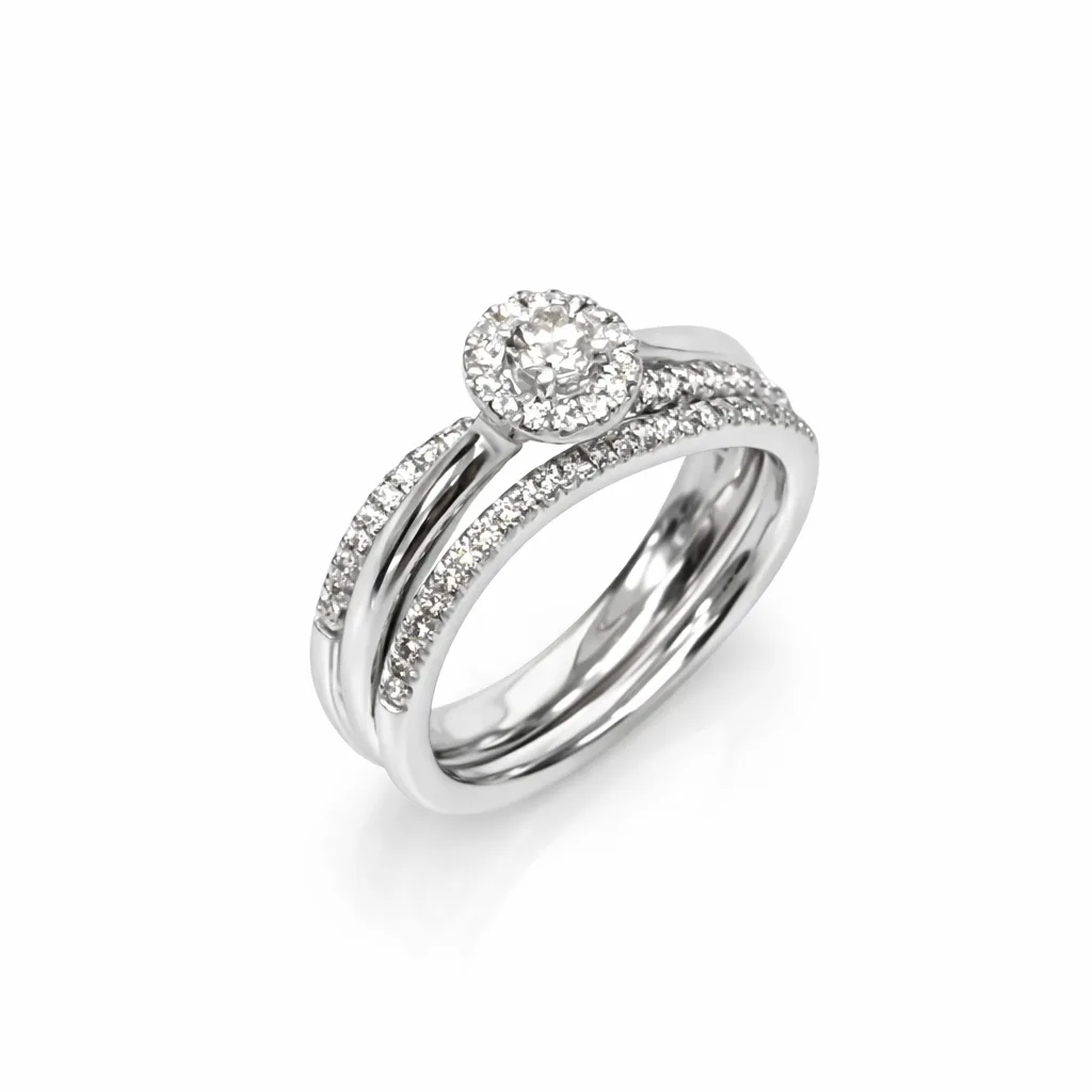 9ct White Gold Diamond Halo Bridal Set 0.38ct – 2PC Engagement Ring & Curved Wedding Band - 9WIR1292