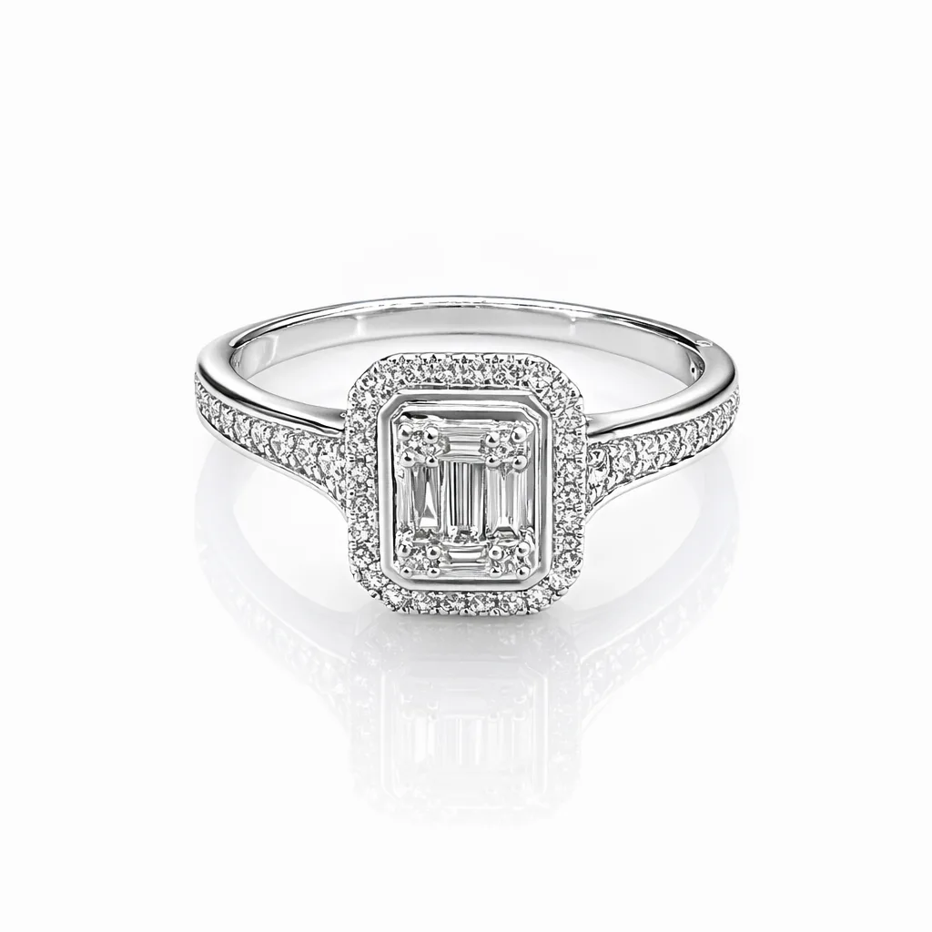9ct White Gold Emerald Halo Diamond Ring 0.33ct Natural Baguette & Round Cut Diamonds - IGR37613
