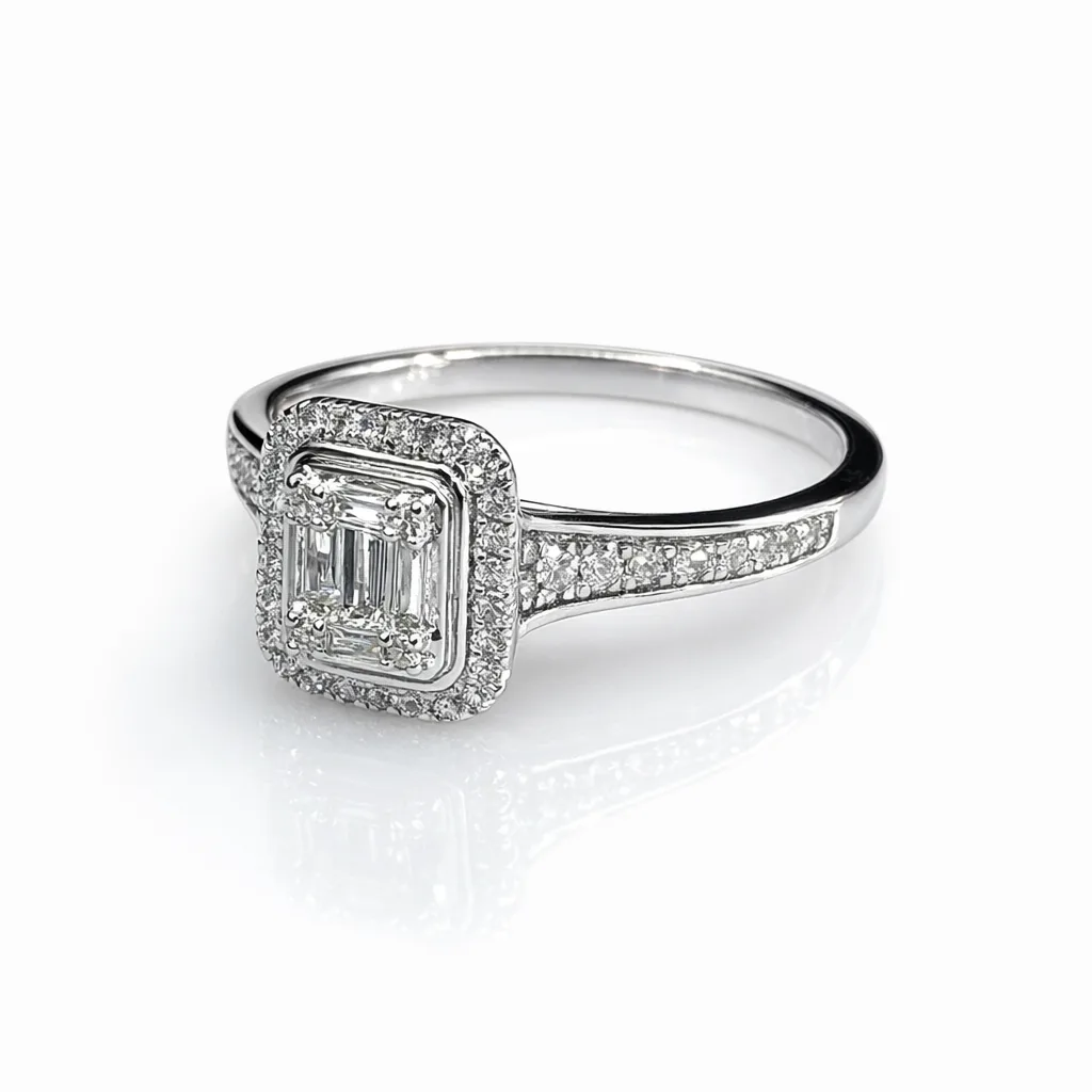 9ct White Gold Emerald Halo Diamond Ring 0.33ct Natural Baguette & Round Cut Diamonds - IGR37613