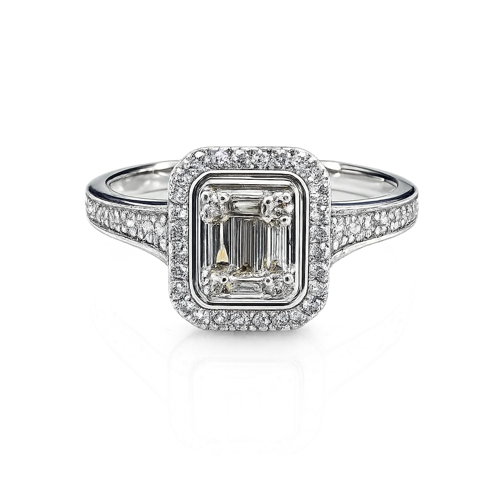 9ct White Gold Emerald Halo Diamond Ring 0.33ct Natural Baguette & Round Cut Diamonds - IGR37613