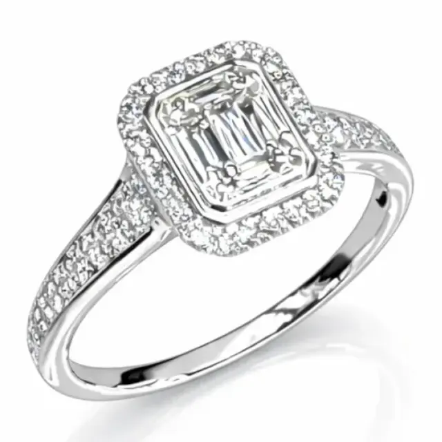 9ct White Gold Emerald Halo Diamond Ring 0.33ct Natural Baguette & Round Cut Diamonds - IGR37613
