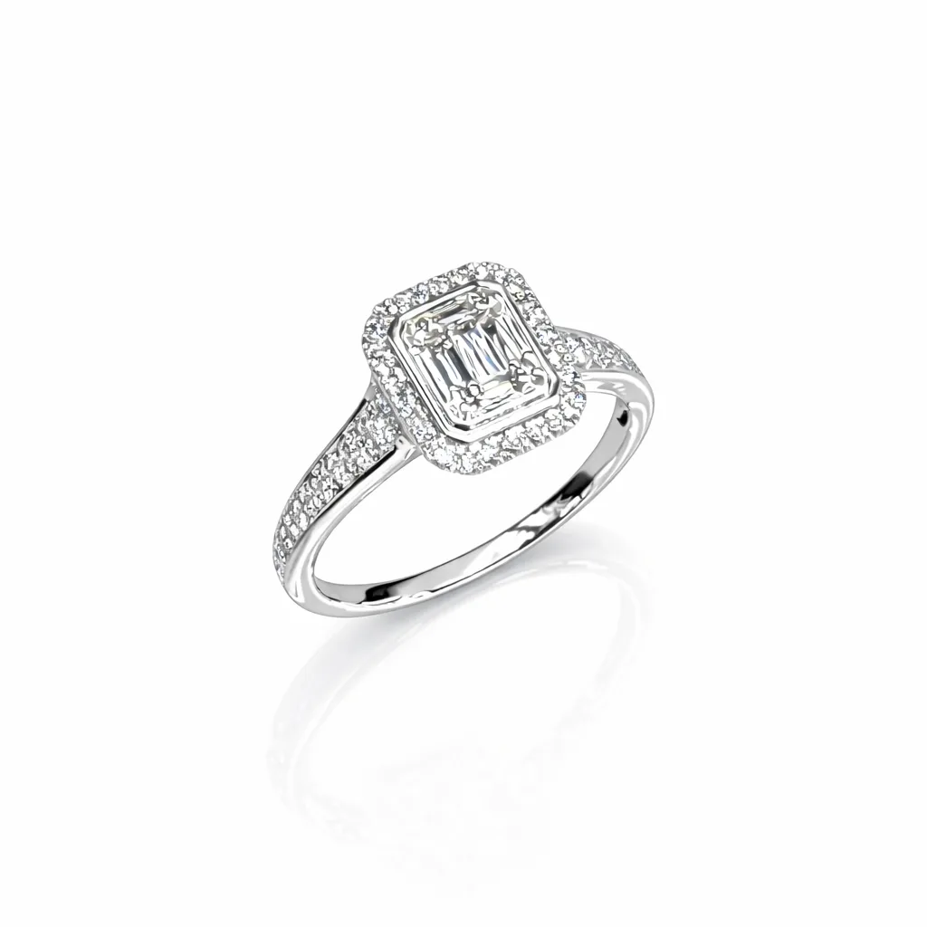 9ct White Gold Emerald Halo Diamond Ring 0.33ct Natural Baguette & Round Cut Diamonds - IGR37613