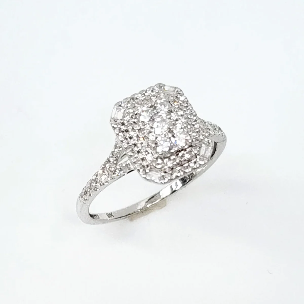 9ct White Gold Emerald Shape Cluster Wide Double Halo Split Shank Diamond 0.50ct Ring