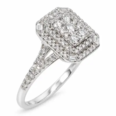 9ct White Gold Emerald Shape Cluster Wide Double Halo Split Shank Diamond 0.50ct Ring