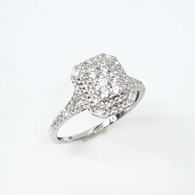 9ct White Gold Emerald Shape Cluster Wide Double Halo Split Shank Diamond 0.50ct Ring