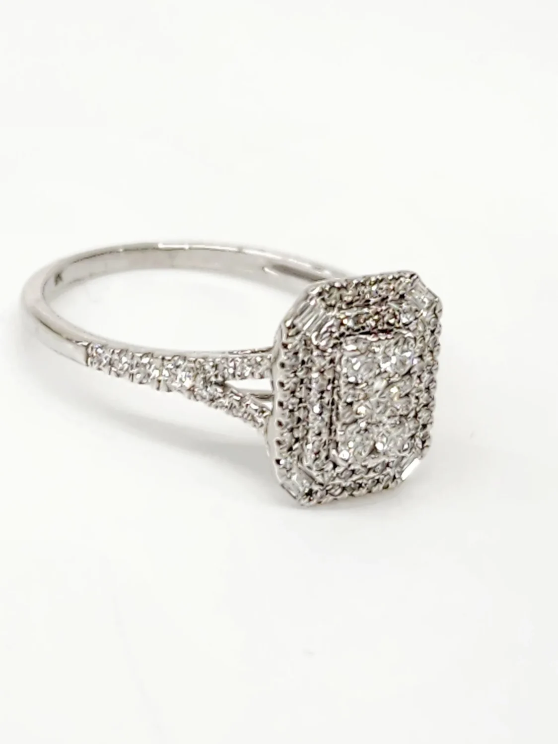 9ct White Gold Emerald Shape Cluster Wide Double Halo Split Shank Diamond 0.50ct Ring