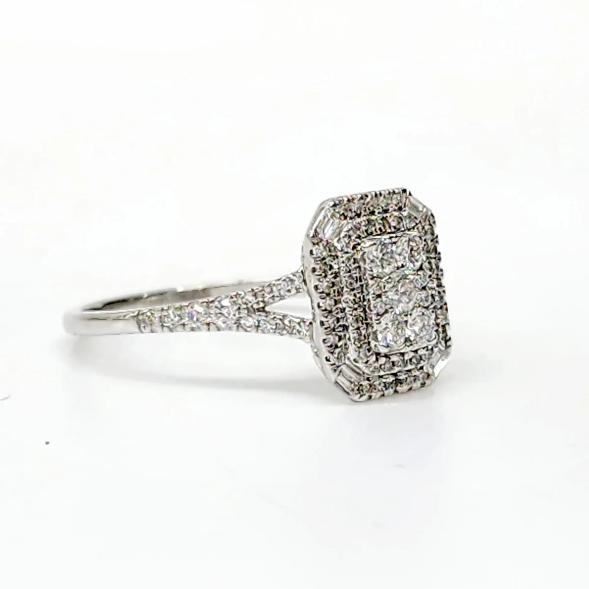 9ct White Gold Emerald Shape Cluster Wide Double Halo Split Shank Diamond 0.50ct Ring