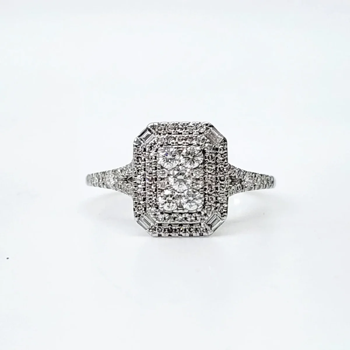 9ct White Gold Emerald Shape Cluster Wide Double Halo Split Shank Diamond 0.50ct Ring