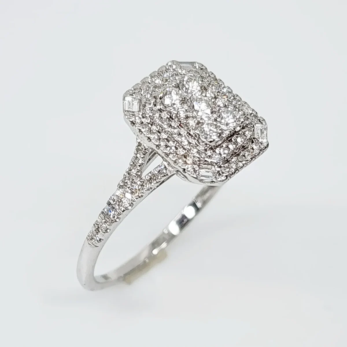9ct White Gold Emerald Shape Cluster Wide Double Halo Split Shank Diamond 0.50ct Ring