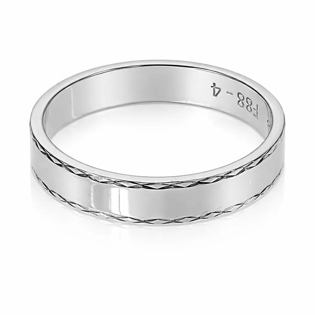 9ct White Gold Gents Diamond Cut Edge Ring, 4mm, Size P - F88/4