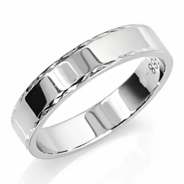 9ct White Gold Gents Diamond Cut Edge Ring, 4mm, Size P - F88/4