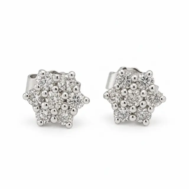9ct White Gold Round Cut Diamond Cluster Stud Earrings - 0.35ct