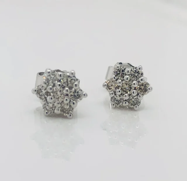 9ct White Gold Round Cut Diamond Cluster Stud Earrings - 0.35ct