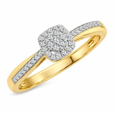 9ct Yellow Gold 0.18ct Diamond Cushion Cluster Engagement Ring