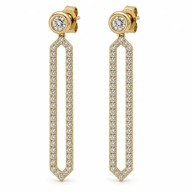 9ct Yellow Gold 0.50ct Natural Diamond Long Drop Earrings – Rubover Set Diamond Studs with Diamond Set Geometric Dangle - E-15452A