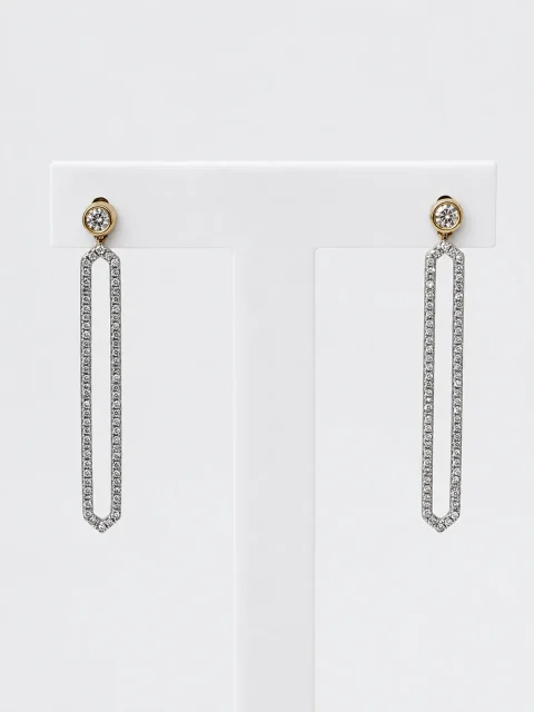 9ct Yellow Gold 0.50ct Natural Diamond Long Drop Earrings – Rubover Set Diamond Studs with Diamond Set Geometric Dangle - E-15452A