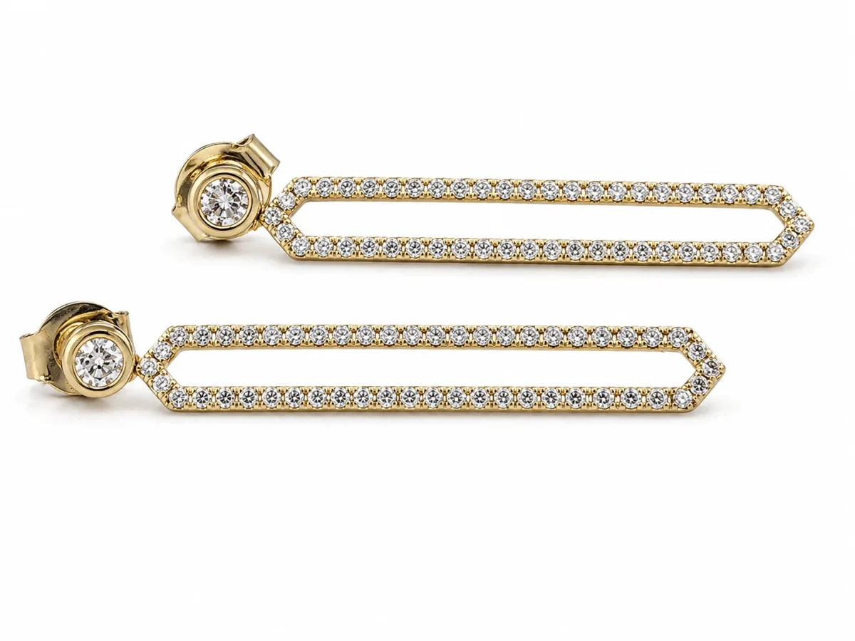 9ct Yellow Gold 0.50ct Natural Diamond Long Drop Earrings – Rubover Set Diamond Studs with Diamond Set Geometric Dangle - E-15452A