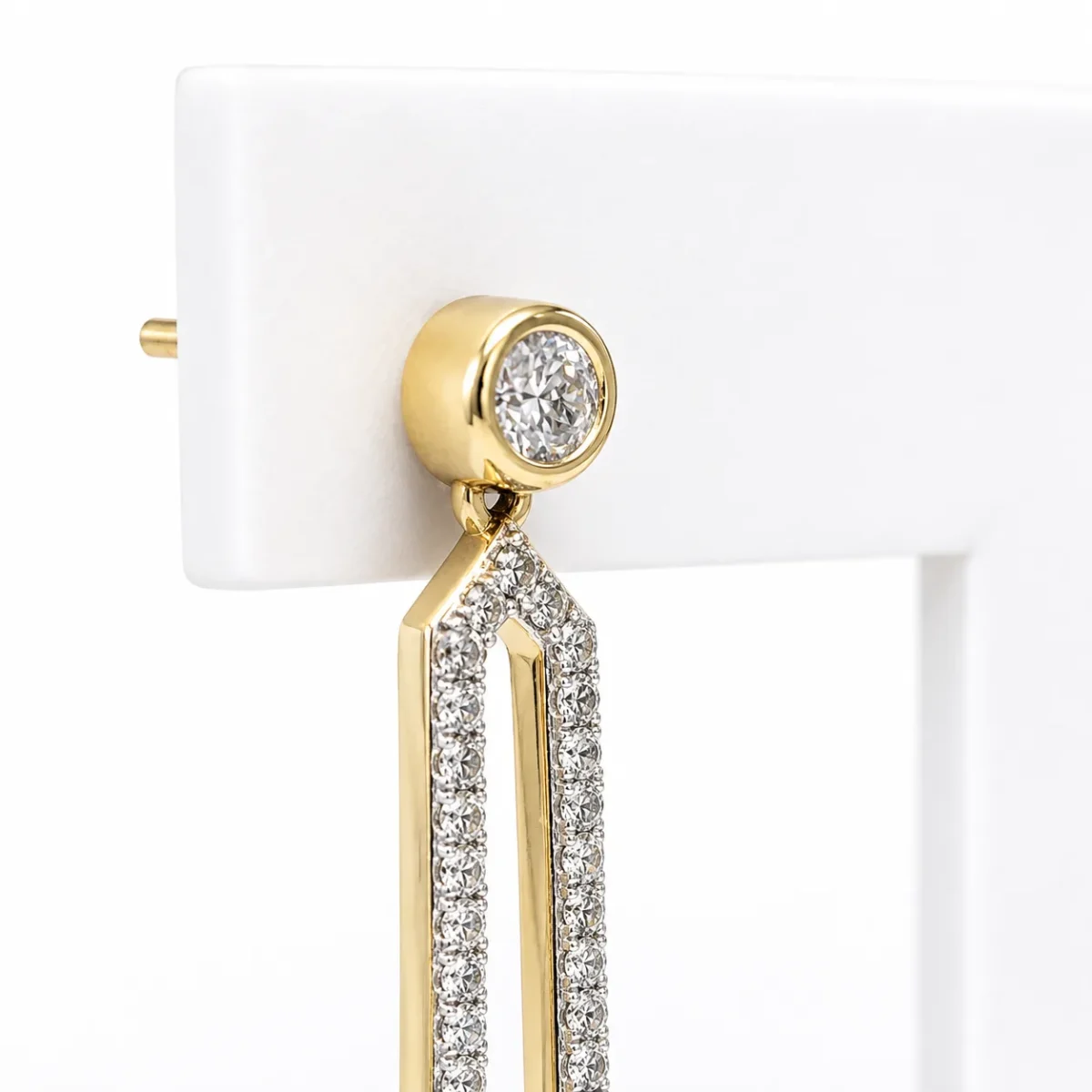 9ct Yellow Gold 0.50ct Natural Diamond Long Drop Earrings – Rubover Set Diamond Studs with Diamond Set Geometric Dangle - E-15452A