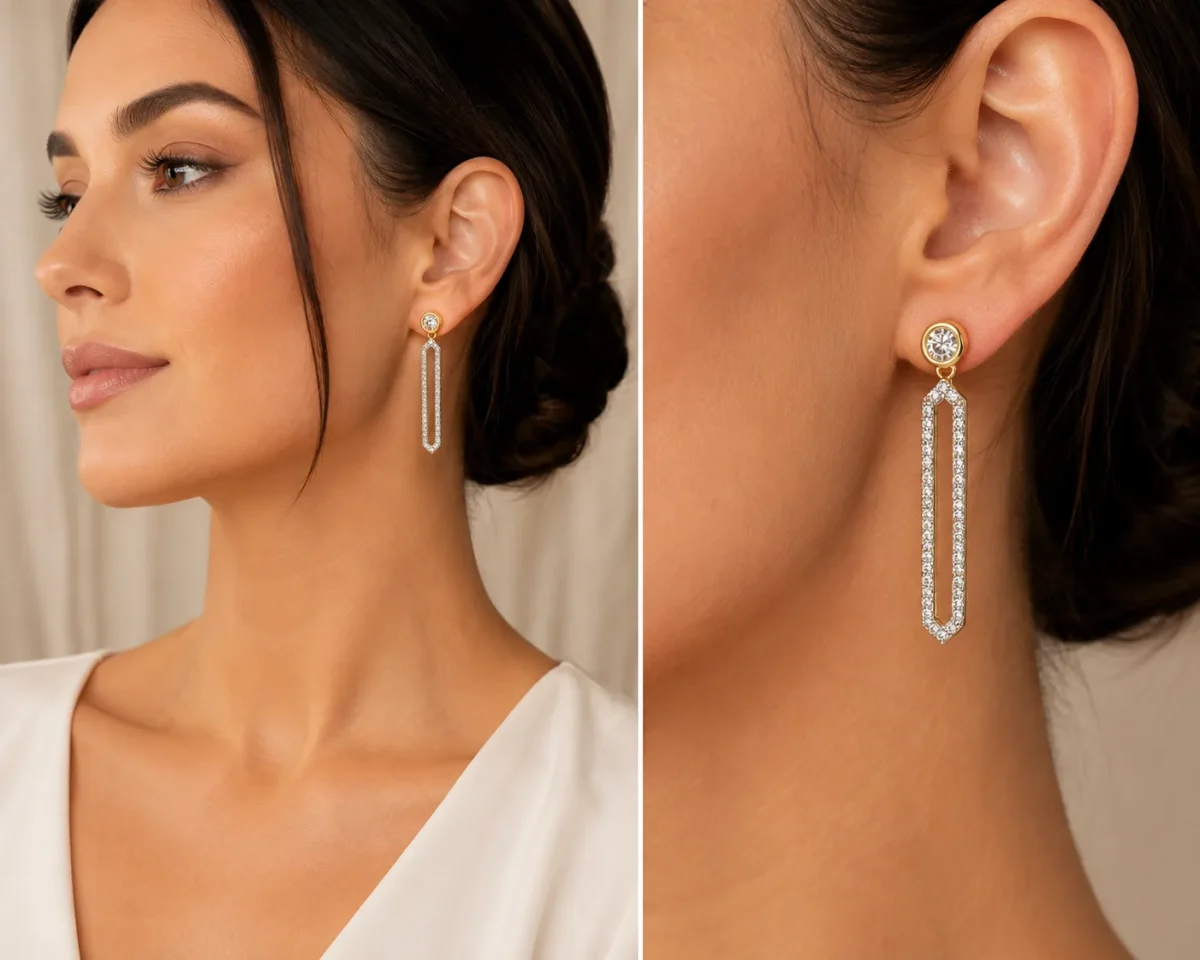 9ct Yellow Gold 0.50ct Natural Diamond Long Drop Earrings – Rubover Set Diamond Studs with Diamond Set Geometric Dangle - E-15452A