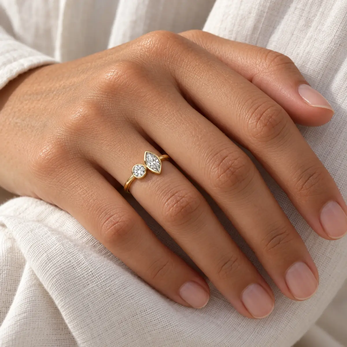9ct Yellow Gold 0.77ct Lab Grown Diamond Marquise & Round Two Stone Ring - AURG2886