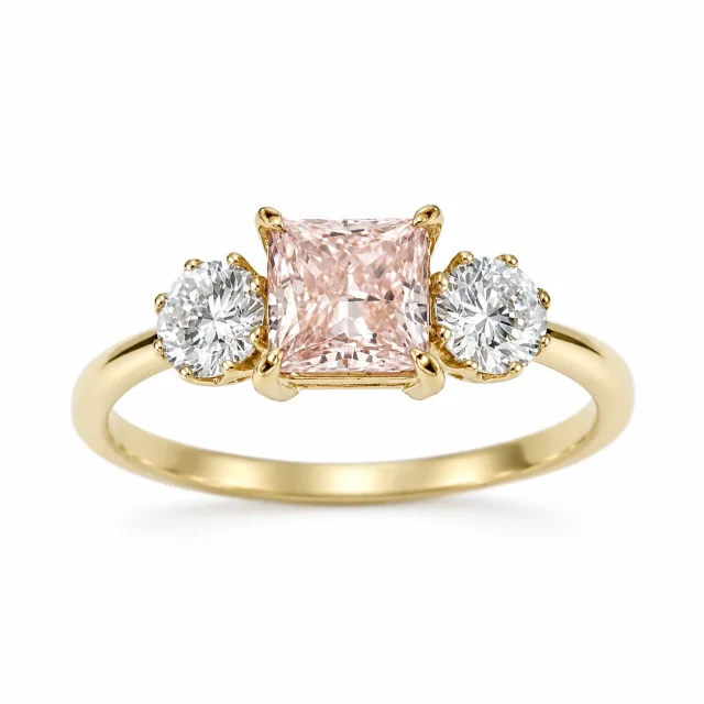 9ct Yellow Gold 1.00CT Princess Cut Pink Lab Diamond & Round Lab Diamond Trilogy Ring - 9CTCYR8308