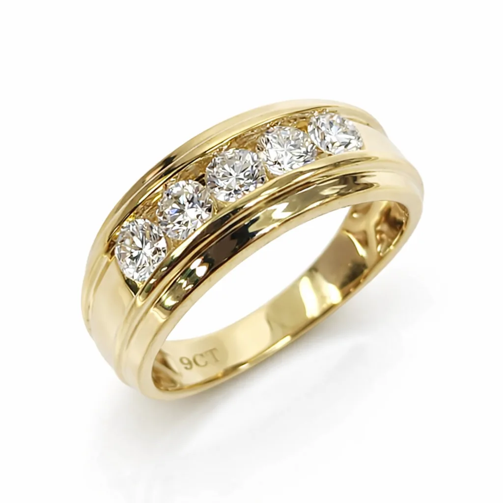 9ct Yellow Gold 1.07ct Lab Grown Diamond Unisex Ring 5 Stone Rubover Set - AURG1931