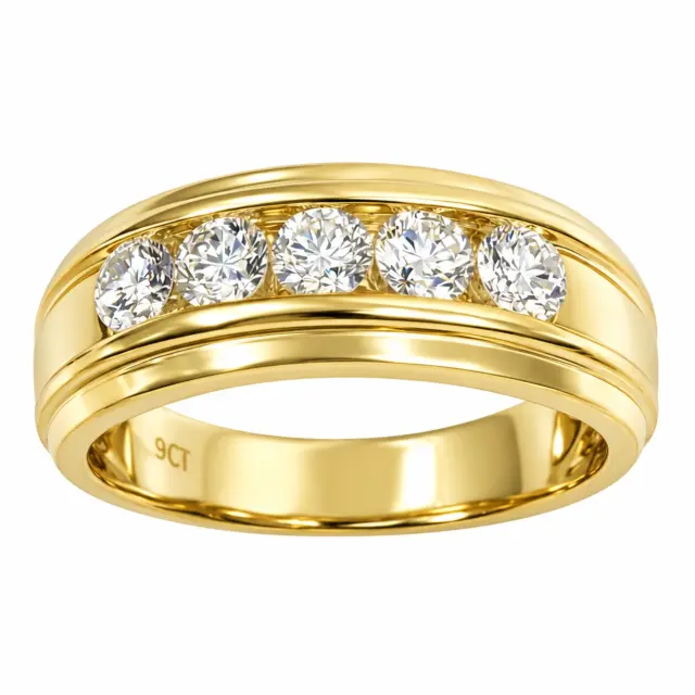 9ct Yellow Gold 1.07ct Lab Grown Diamond Unisex Ring 5 Stone Rubover Set - AURG1931