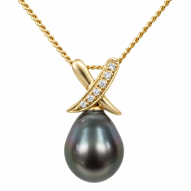 9ct Yellow Gold 10.5-11.0mm Teardrop Tahitian Black Pearl Pendant with Diamond Setting Cap