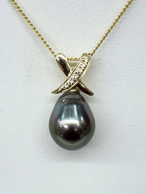 9ct Yellow Gold 10.5-11.0mm Teardrop Tahitian Black Pearl Pendant with Diamond Setting Cap