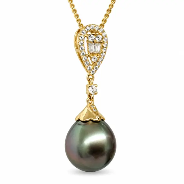 9ct Yellow Gold 11.0-11.50mm Teardrop Tahitian Black Pearl with Cubic Zirconia Setting Pendant - YP20041155/1