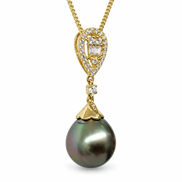 9ct Yellow Gold 11.0-11.50mm Teardrop Tahitian Black Pearl with Cubic Zirconia Setting Pendant - YP20041155/2