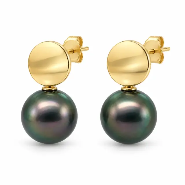 9ct Yellow Gold 11.50-12.00mm Tahitian Black Pearl Stud Earrings