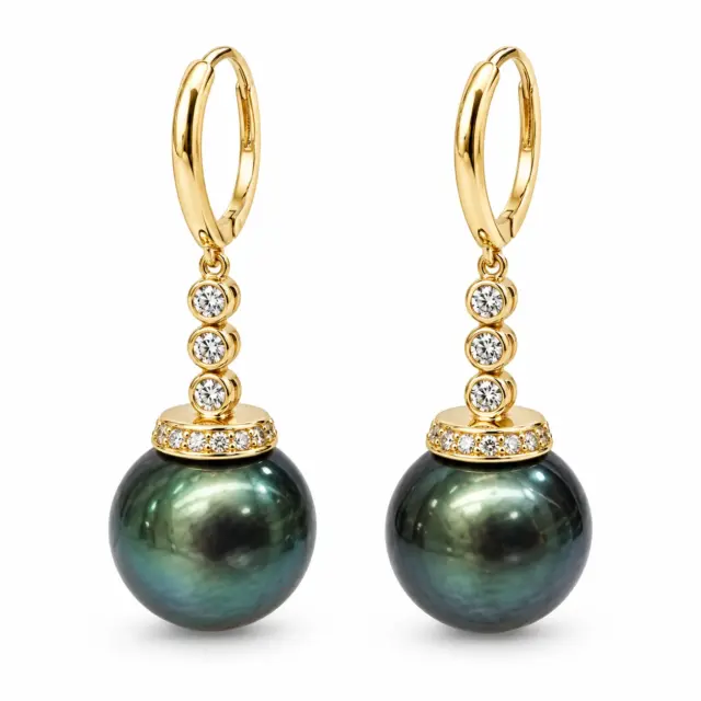 9ct Yellow Gold 11mm Round Tahitian Black Pearl with Cubic Zirconia Hook Earrings - TZZ01