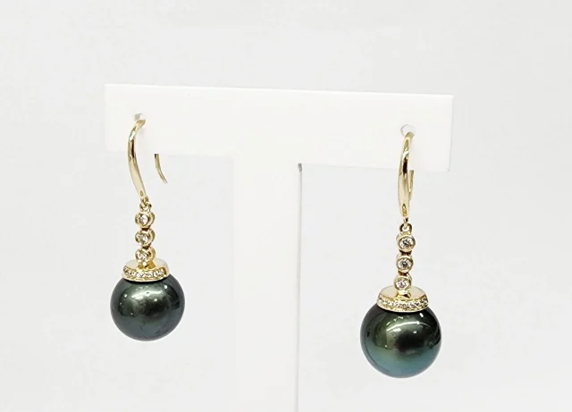 9ct Yellow Gold 11mm Round Tahitian Black Pearl with Cubic Zirconia Hook Earrings - TZZ01