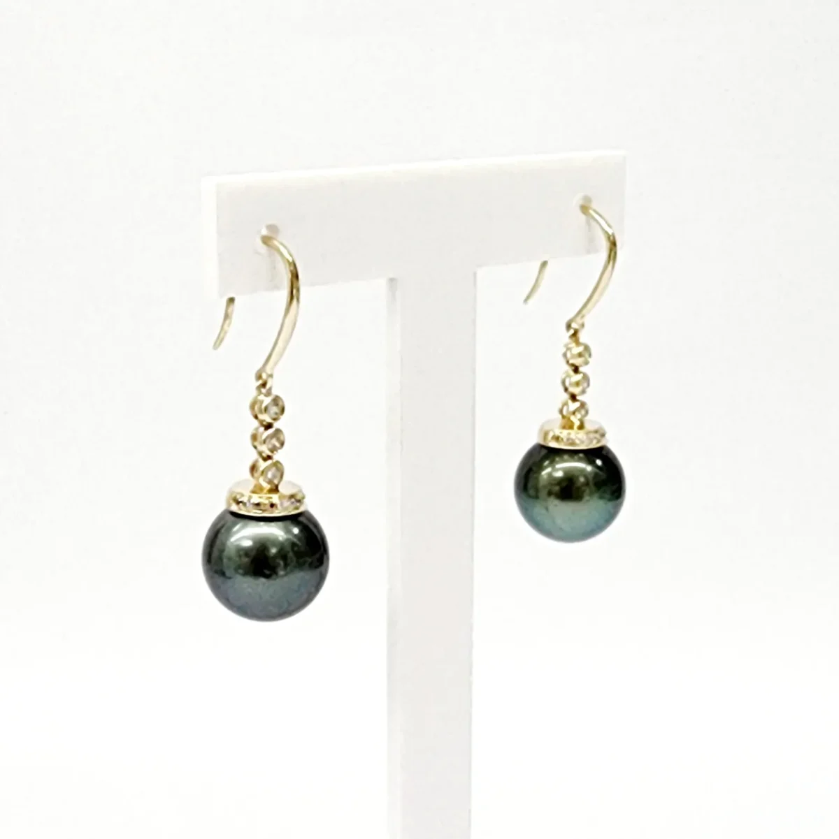 9ct Yellow Gold 11mm Round Tahitian Black Pearl with Cubic Zirconia Hook Earrings - TZZ01